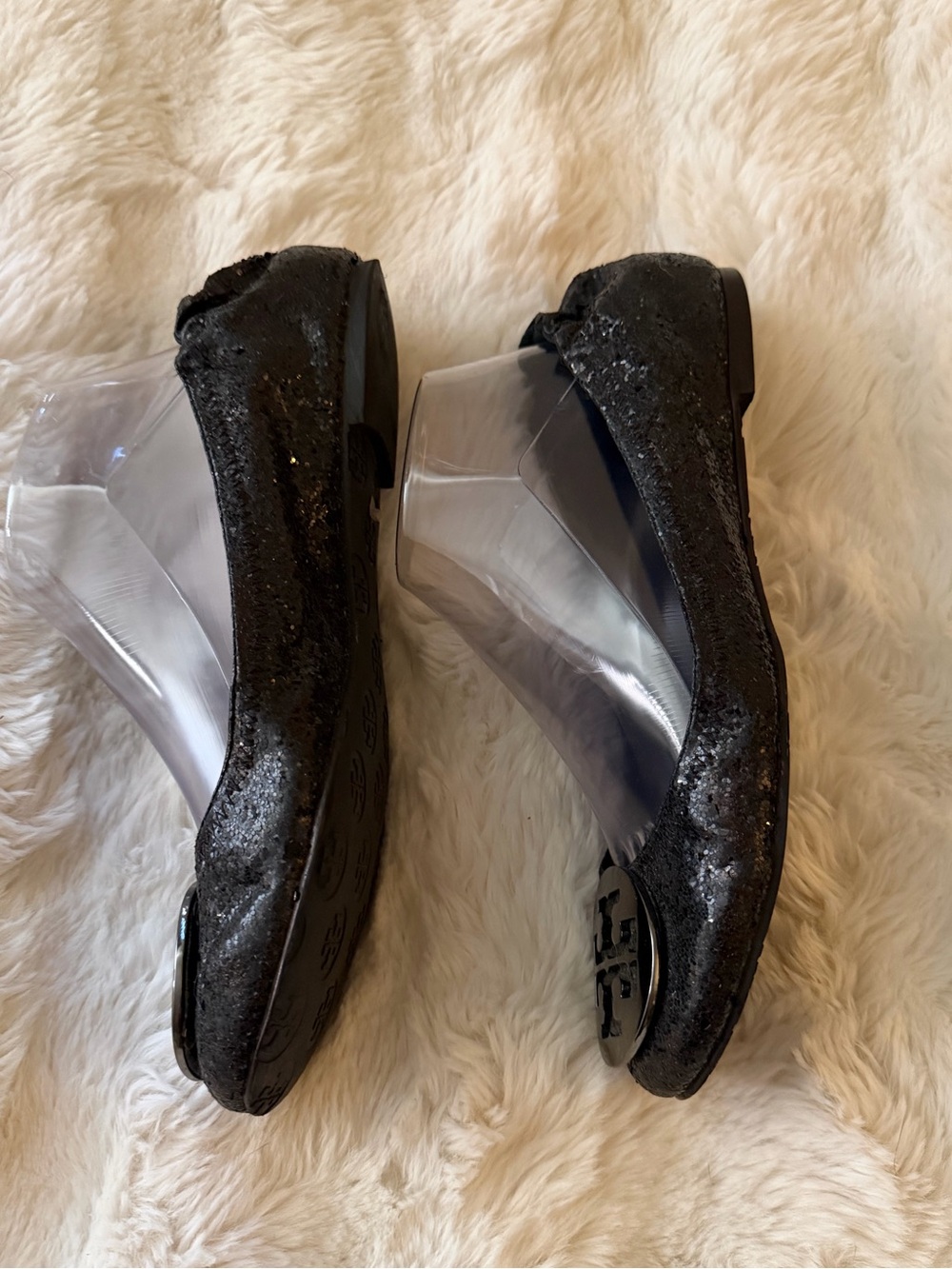 Tory Burch size 9 Black Sequin ballet flats silver TB Logo - Picture 4 of 9